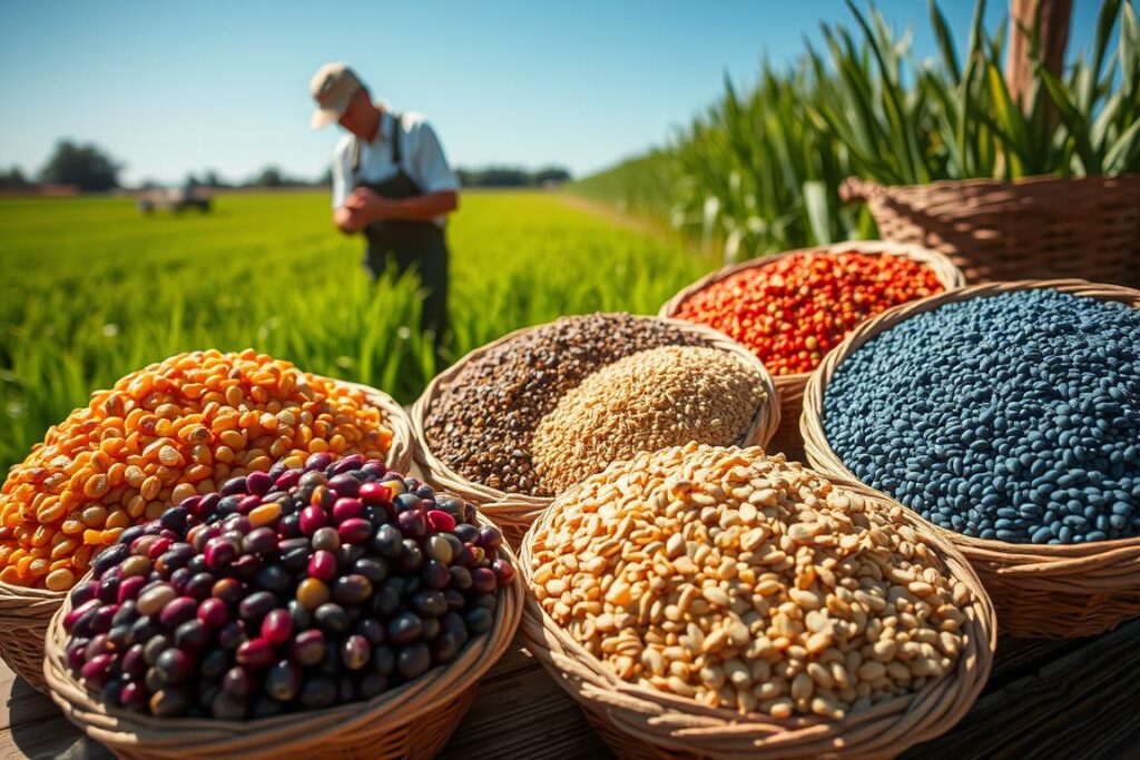 A vibrant display of exotic grains in assorted colors, including purple corn, rainbow quinoa, and blue barley, arranged artistically in woven baskets on a rustic wooden table. In the foreground, glistening grains catch the warm sunlight. In the middle ground, a farmer in a professional outfit carefully examines the grains, showcasing their qualities. The background features a lush green field, hinting at the source of these unique crops under a clear blue sky. The lighting is bright and inviting, casting soft shadows that enhance the textures of the grains. The overall atmosphere should feel fresh, organic, and enticing, reflecting the artisanal appeal of gourmet ingredients.