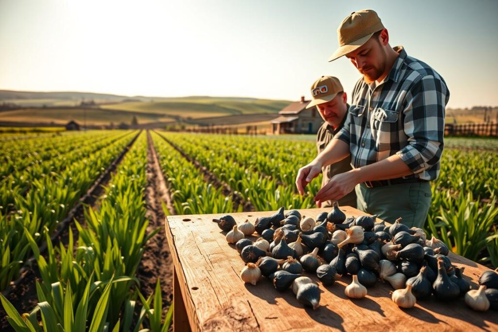 A vibrant farm scene showcasing successful garlic producers working with black garlic, the foreground features two farmers in modest, casual clothing, carefully inspecting glossy black garlic cloves on a wooden workbench. The middle ground includes vibrant rows of garlic plants under a bright, sunny sky, with shadows adding depth to the scene. In the background, a rustic farmhouse and rolling fields create a picturesque landscape. The lighting is warm and inviting, suggesting a late afternoon glow. Capture the scene with a slightly elevated angle, emphasizing the connection between the farmers and their high-value product. The overall mood radiates success and hard work, symbolizing the transformative journey of black garlic production.