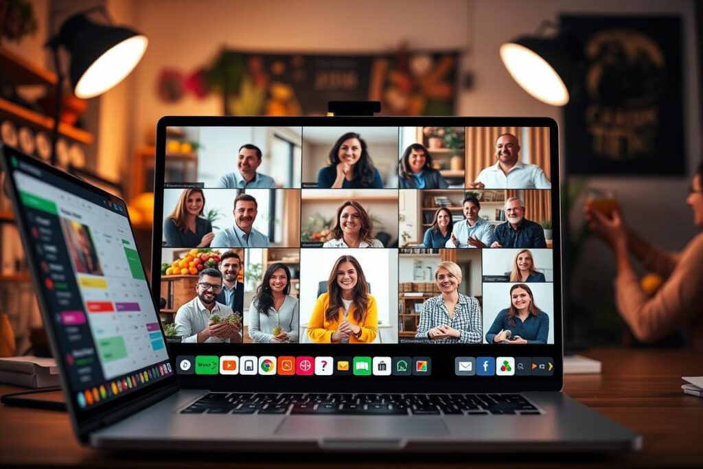 A vibrant, modern online sales platform interface displayed on multiple screens, showcasing a live selling event. In the foreground, a laptop is open with a clear view of a colorful, dynamic sales dashboard. Layered in the middle, a diverse group of small producers, dressed in professional attire, are engaging with their audience through live video, smiling and promoting their products. The background features a well-organized home studio setup with lighting that enhances the vibrant colors of their products—fruits, crafts, and handmade goods—capturing the excitement of the sales event. The atmosphere is energetic and inviting, with warm lighting and a sense of community among the producers as they connect with potential customers online.