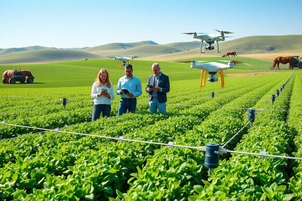 A vibrant scene depicting advanced agricultural technology. In the foreground, a diverse group of farmers in professional business attire is using tablets and drones for crop monitoring. The middle ground showcases lush, green fields with precision sensors and automated irrigation systems. In the background, there are rolling hills and a clear blue sky, emphasizing a sense of openness and innovation. Soft, natural lighting creates a welcoming atmosphere. The composition is shot from a slightly elevated angle, capturing the expansive landscape filled with thriving crops and high-tech farming equipment, conveying a mood of progress and efficiency in modern farming practices.