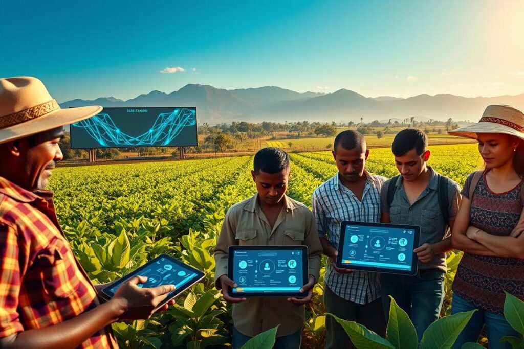 A vibrant scene depicting the intersection of smart contracts, blockchain technology, and agriculture. In the foreground, a diverse group of small Brazilian farmers, dressed in modest casual clothing, engage with digital tablets displaying blockchain data and contract interfaces. In the middle ground, lush green fields with crops like soybeans and coffee interspersed with modern tech elements like digital billboards illustrating blockchain networks. The background features distant mountains under a clear blue sky, symbolizing growth and innovation. Soft, warm lighting casts an inviting glow, conveying a sense of hope and collaboration in the agribusiness sector. The angle captures the dynamic interaction between technology and traditional farming practices, emphasizing a bright future in agriculture.