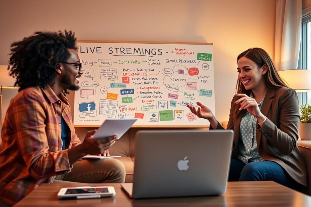 A vibrant scene illustrating effective live-streaming promotion strategies for small producers. In the foreground, a diverse group of two people engage enthusiastically around a laptop, one taking notes while the other gestures toward the screen, both dressed in smart casual attire. The middle ground features a colorful display of promotional materials, like social media icons, flyers, and a whiteboard filled with brainstorming ideas on attracting viewers. The background showcases a cozy home setting with soft lighting, emphasizing an inviting atmosphere. The overall mood is dynamic and motivated, capturing the excitement of launching a successful live event. Use a warm color palette and a soft focus, creating an uplifting ambiance suitable for aspiring entrepreneurs.