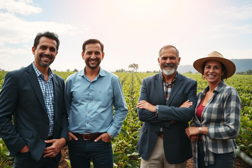 A vibrant scene showcasing successful Brazilian small producers in agriculture. In the foreground, a diverse group of three small-scale farmers—two men and one woman—smiling and interacting, dressed in professional business attire that reflects their agricultural focus. In the middle ground, lush green fields filled with various crops like coffee, fruits, and vegetables are visible, highlighting their hard work and dedication. The background features a clear blue sky with soft sunlight illuminating the scene, creating a warm and optimistic atmosphere. The angle should be slightly above eye level, capturing both the proud farmers and their flourishing land. The image should evoke a sense of hope and resilience among small producers thriving despite challenges.