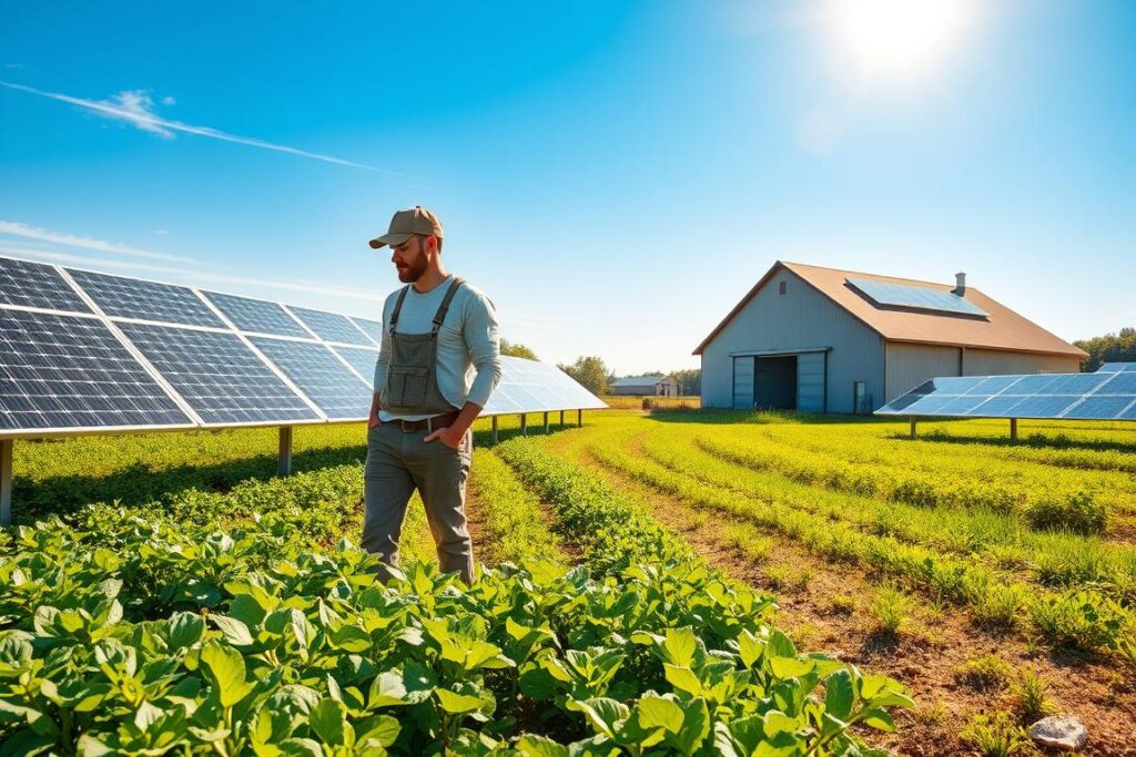 A vibrant solar-powered farm scene under a clear blue sky, showcasing rows of large solar panels glimmering under sunlight. In the foreground, a farmer dressed in modest casual clothing inspects the solar equipment, symbolizing innovation. The middle ground features a variety of crops growing healthily, thriving thanks to efficient irrigation powered by solar energy. In the background, a modern barn with solar panels on the roof melds into lush green fields, reflecting a harmonious blend of agriculture and technology. Soft warm lighting enhances the serene atmosphere, with the sun casting gentle shadows that create depth. The overall mood is one of optimism and sustainability, illustrating the economic potential of solar energy for small rural producers.