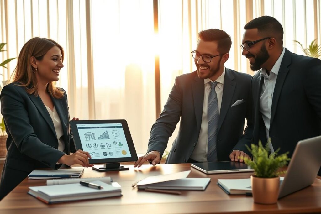 A visually striking scene depicting “conscious monetization” within a modern workspace. In the foreground, a diverse group of three professionals in business attire—one woman and two men—are engaged in animated discussion over a digital tablet showcasing business models, illustrating authenticity and partnership. The middle layer features an elegant wooden desk with various business materials: notebooks, a laptop, and plant decor, symbolizing growth and sustainability. In the background, a large window reveals a city skyline, bathed in warm, golden sunlight that filters through sheer curtains, creating an optimistic atmosphere. The overall mood is collaborative and innovative, emphasizing the balance between authenticity and strategic partnerships. The angle should be slightly elevated, providing a comprehensive view of the workspace.