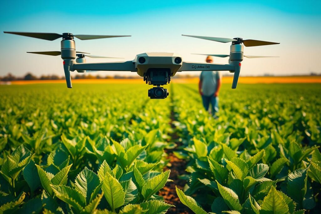 A DJI Agras T50 agricultural drone hovers over a lush green field, showcasing precision spraying technology in action. In the foreground, vibrant rows of crops display healthy, rich colors, while fine droplets of liquid can be seen gently raining down from the drone's nozzles. The middle ground features a farmer in modest casual clothing observing the drone, emphasizing the human aspect of modern agriculture. The background reveals a clear blue sky illuminated by warm sunlight, adding an optimistic atmosphere. The drone is captured from a low angle, highlighting its advanced design and features against the expansive landscape. The overall mood conveys innovation and efficiency in precision agriculture, focusing on the economic benefits of drone-assisted spraying technology.