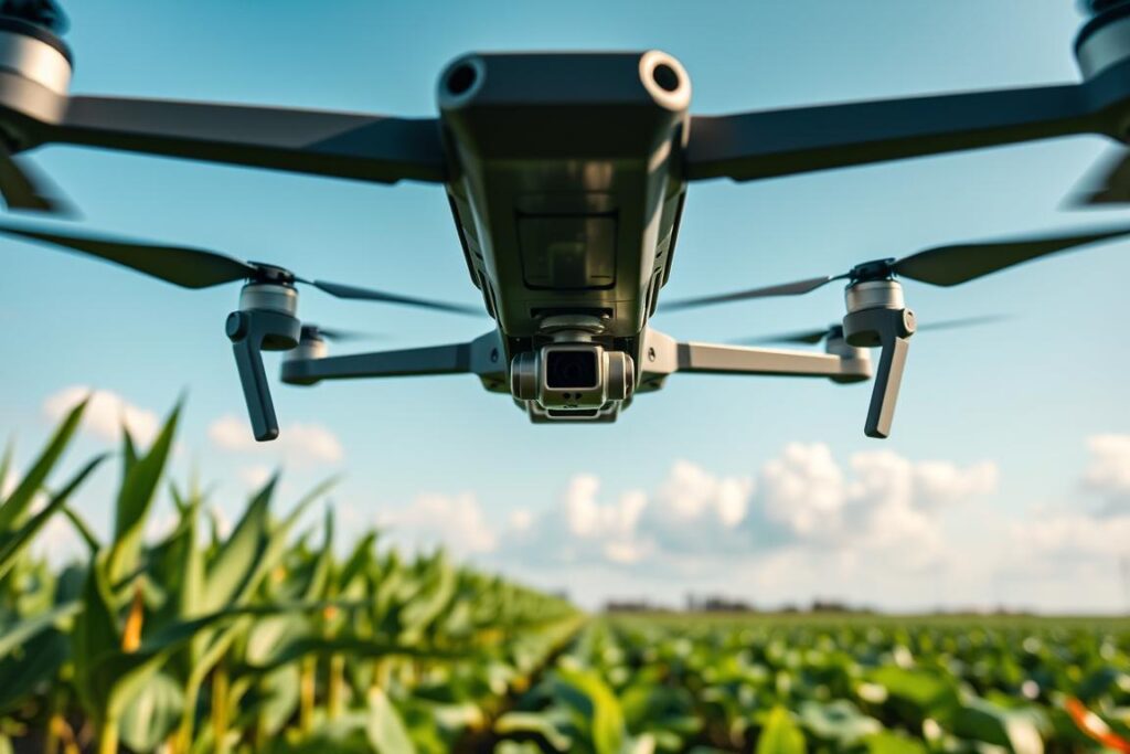 A DJI Agras T50 drone hovering over a lush green field in a small Brazilian agricultural property, equipped with advanced precision spraying technology. In the foreground, the drone is sharply focused, showcasing its sleek design and spray nozzles. The middle ground features rows of vibrant crops, such as corn and soybeans, with some visible moisture from recent spraying. In the background, a clear blue sky with soft, fluffy clouds enhances the scene. The lighting is bright and natural, suggesting a sunny day, giving the image a productive and optimistic atmosphere. Capture the perspective from a low angle to emphasize the drone's presence and the detailed landscape below, reflecting successful agricultural practices in small properties.