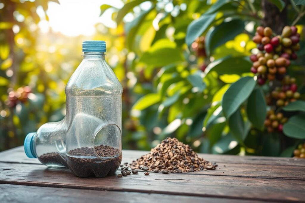 A clear and informative image depicting a homemade coffee borer trap made from a PET bottle. In the foreground, showcase the PET bottle trap with a cut-off top and a funnel-like structure allowing insects to enter, placed on a rustic wooden table. In the middle, include a small mound of a coffee mixture attracting pests, surrounded by green coffee plants with visible leaves and ripe coffee cherries. In the background, illustrate a serene garden scene with soft, natural light filtering through leaves, casting gentle shadows. Use a close-up angle to highlight the details of the trap and mixture while ensuring a vibrant, inviting atmosphere, suggesting a practical and eco-friendly solution for pest control.