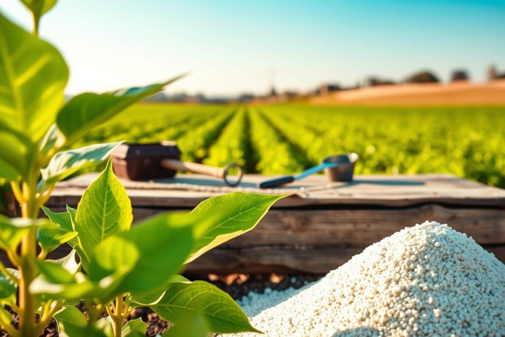 A close-up of a mound of granulated urea fertilizer in a small agricultural setting. In the foreground, vibrant green leaves of a crop plant highlight the importance of nitrogen for growth. The middle ground features a weathered wooden table cluttered with gardening tools, including a small hoe and a measuring scoop, surrounded by a backdrop of blurred, thriving small farm fields under a clear blue sky. Soft, warm lighting suggests a late afternoon sun, enhancing the natural greens and earthy browns. The atmosphere is serene and productive, evoking the essence of sustainable farming practices focused on enhancing soil fertility with urea. The composition should be clear and engaging, without any text or watermarks.