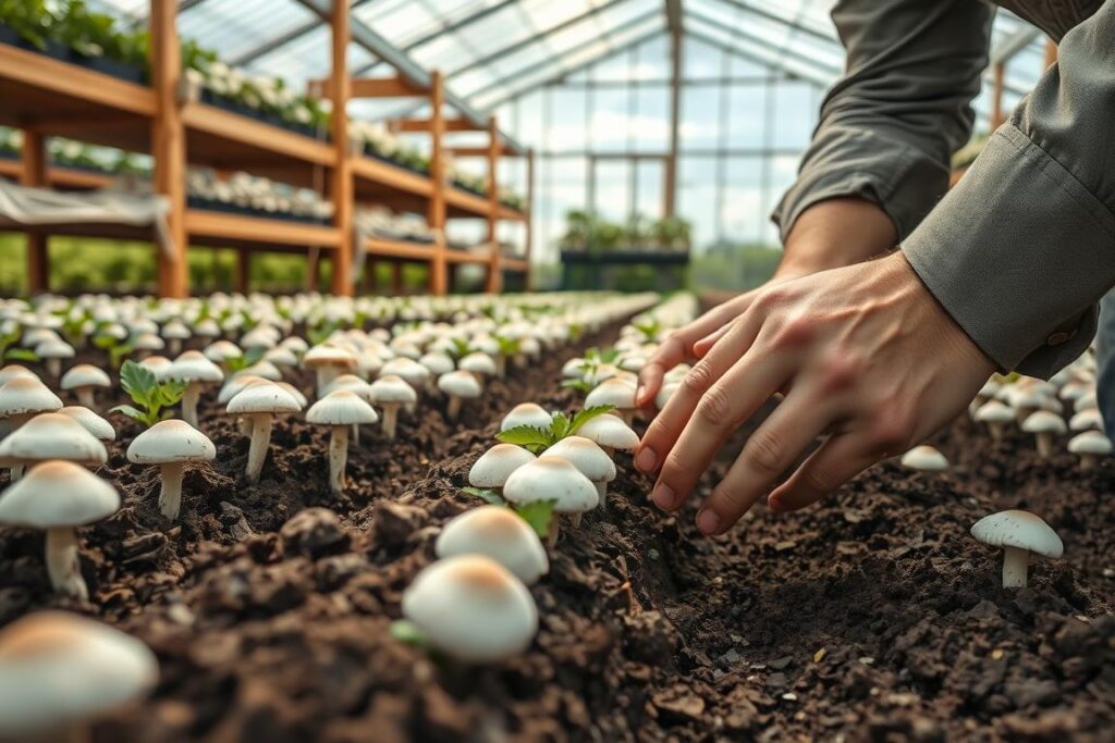 A close-up view of a healthy mushroom farm, featuring rows of lush, white button mushrooms growing in dark, rich soil. In the foreground, showcasing hands of a farmer gently tending to the mushrooms, wearing modest casual clothing. The middle ground displays wooden shelves filled with mushroom cultivation trays, highlighting the organized, productive environment. The background reveals a softly lit greenhouse with dappled sunlight pouring through translucent panels, creating an inviting and warm atmosphere. The scene captures a sense of sustainable business and agricultural growth, with a focus on the earthy textures and shades of green and brown, reminiscent of a thriving rural venture.