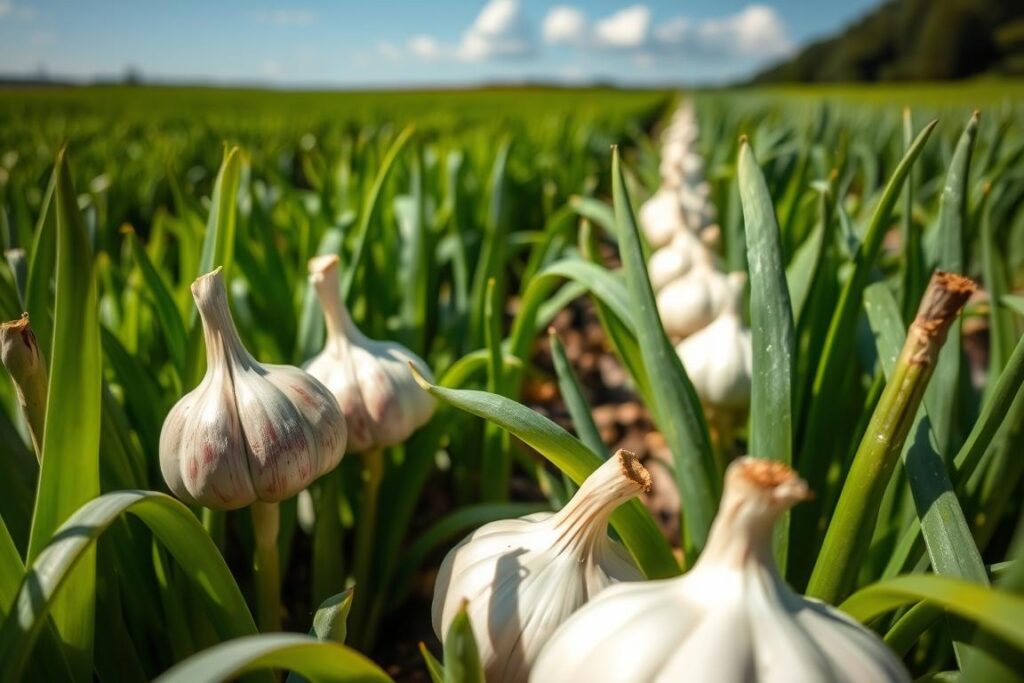 A close-up view of an onion and garlic field exhibiting signs of nitrogen excess, with lush, vibrant green plants, but some leaves showing yellowing and browning tips. In the foreground, focus on a few bulbs of garlic and onions, showcasing their size and health variations. The middle ground reveals rows of the crops stretching into the distance, with a slight blur to emphasize the foreground details. The background features a clear blue sky with a few fluffy clouds, signifying a sunny day. Natural lighting illuminates the scene with shadows cast by the plants, creating a warm and inviting atmosphere. The mood conveys both the beauty of agriculture and the subtle issues caused by over-fertilization.
