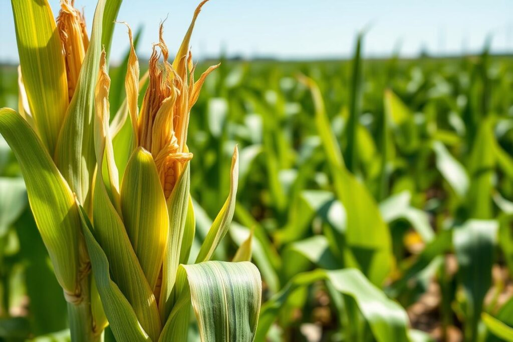 A close-up view of corn plants showing signs of nitrogen deficiency, with yellowing leaves and stunted growth. In the foreground, focus on a few corn stalks with wilted leaves, while the middle ground contains healthier plants for contrast. The background features a blurred agricultural field under a clear blue sky to emphasize the environment. The lighting is bright and natural, casting soft shadows that highlight the texture of the leaves. The atmosphere conveys a sense of urgency for correction, with a subtle hint of hope in the healthier plants around. This scene should reflect the importance of identifying and addressing nutritional deficiencies in corn farming.