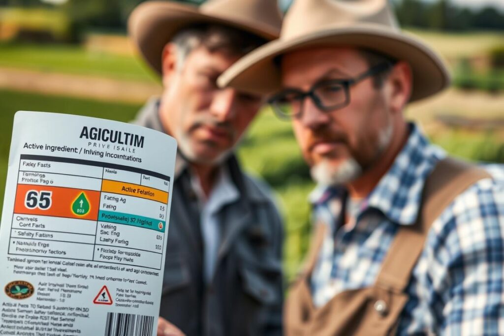 A detailed agricultural product label prominently featuring the active ingredient and its concentration. In the foreground, focus on the label itself, showcasing clear graphics with vibrant colors and precise text elements like numbers and symbols, representing concentrations and safety information. In the middle ground, depict a farmer in professional work attire, examining the label with a critical gaze, reflecting the importance of understanding its contents. The background should feature a blurred landscape of a farm with green fields and crops, creating a natural atmosphere. Utilize soft, natural lighting to enhance the colors of the label and the farmer's expressions. The mood is informative and focused, emphasizing clarity and education in agricultural practices.
