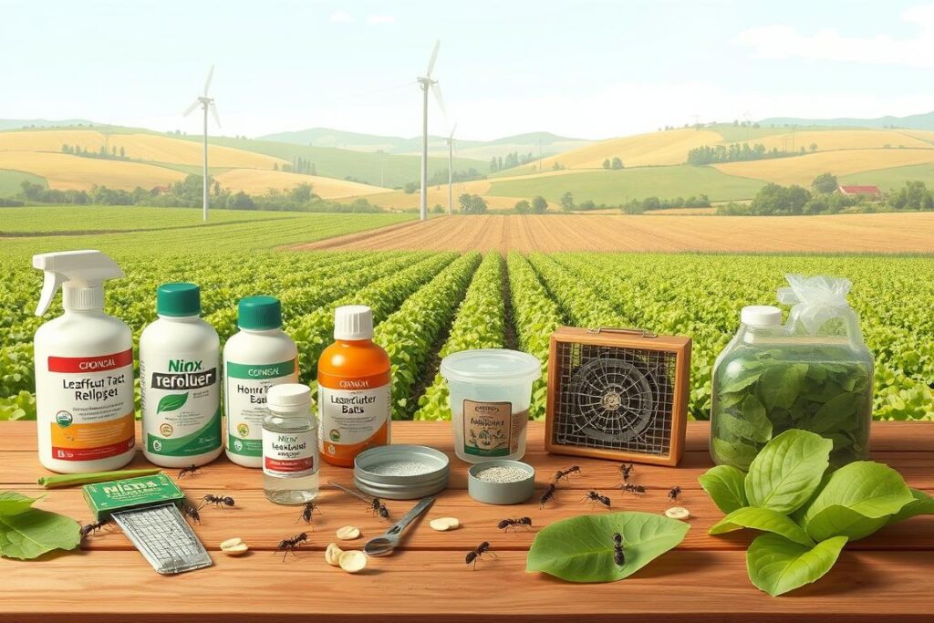 A detailed and educational illustration focusing on the cost-effective control of leafcutter ants in an agricultural setting. In the foreground, display a diverse range of eco-friendly pest control tools, such as natural repellents, organic baits, and traps, arranged neatly on a wooden table. In the middle ground, depict a lush agricultural field with visible ant activity, showcasing the leafcutter ants working on freshly cut leaves. The background features a serene rural landscape with rolling hills and a clear blue sky. Use soft, natural lighting to create an inviting atmosphere, emphasizing the balance between nature and sustainable farming practices. Capture the scene from a slight high angle to enhance the perspective of the tools and the vast field.