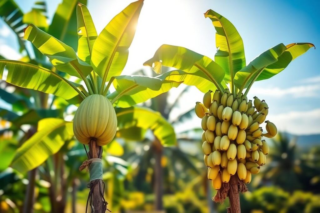 A detailed comparison image illustrating two banana plants: on the left, a healthy banana plant with well-maintained foliage, vibrant green leaves, and a large fruit bunch, showcasing the benefits of technical pruning. On the right, a banana plant without pruning, featuring overgrown, uneven leaves and smaller fruit clusters. In the background, a bright tropical landscape with blue sky and soft sunlight illuminating the plants, emphasizing the difference in growth. The image should have a shallow depth of field, focusing on the banana plants while softly blurring the distant scenery. The overall mood is informative and visually engaging, presenting a clear contrast between the two cultivation methods, without any text or overlays.