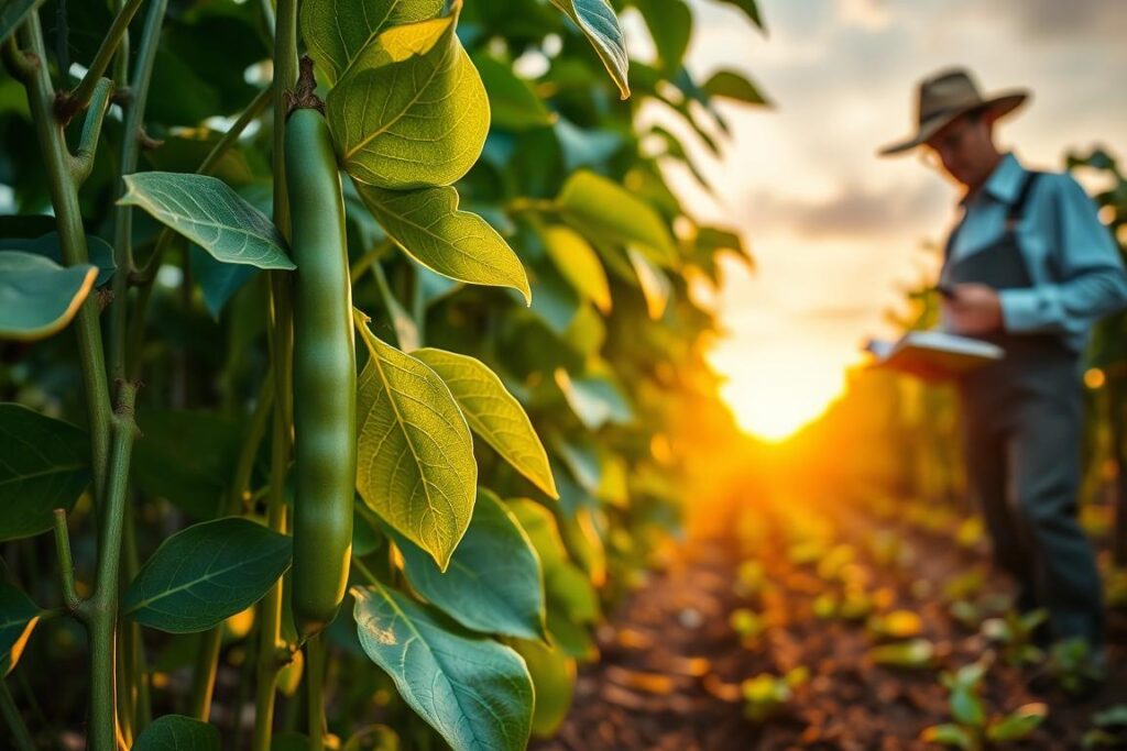 A detailed depiction of a healthy bean plant in a lush agricultural field, focusing on the physiological management to prevent “target spot” disease. In the foreground, vibrant green bean leaves exhibit a healthy sheen, with a few small, unobtrusive signs of disease to highlight the importance of management practices. The middle ground features a farmer in professional attire inspecting the plants closely, with tools for monitoring health care like a magnifying glass and notebook, indicating careful observation. In the background, the sun sets golden, casting a warm, serene light across the field, enhancing the rich colors of the soil and the foliage. The atmosphere is calm yet focused, portraying diligence in agriculture for premium-quality bean production.
