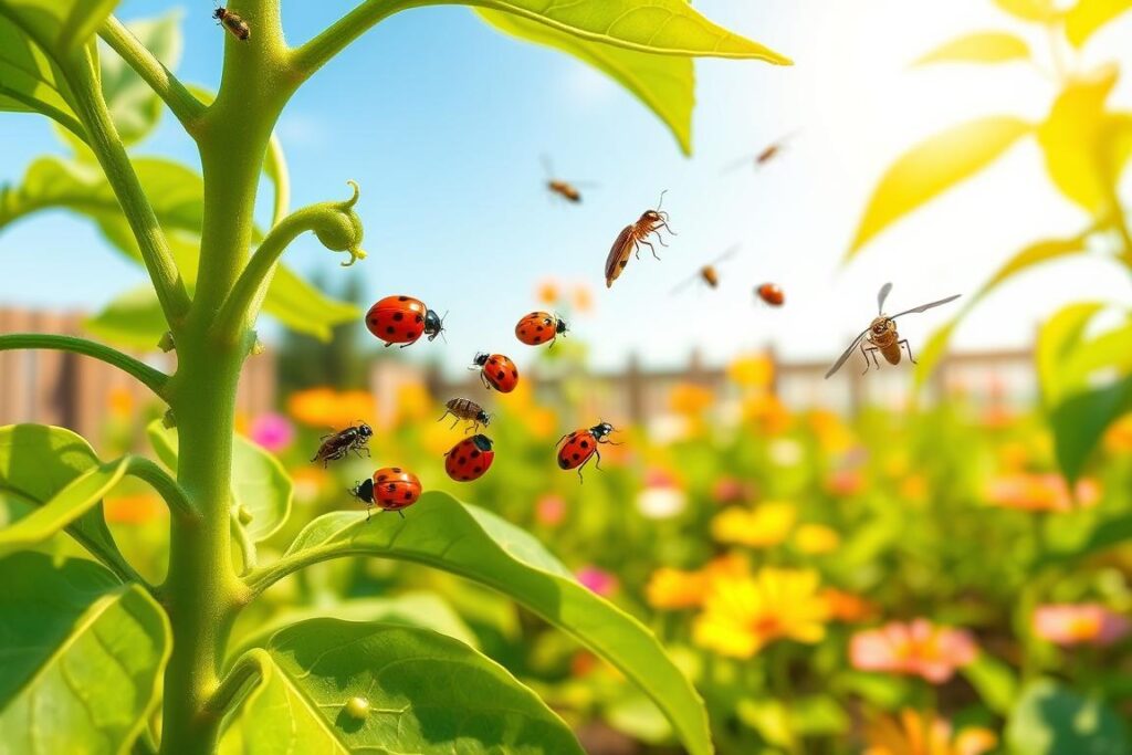 A detailed illustration of selective control of aphids on a vibrant green chili pepper plant in a home garden. In the foreground, show a close-up of the aphids on the leaves, highlighting their small size and green color. In the middle ground, depict various beneficial insects like ladybugs and lacewings actively feeding on the aphids, showcasing a harmonious ecosystem. The background should feature a sunny garden with colorful flowers and a clear blue sky, creating a bright and cheerful atmosphere. Use soft, natural lighting to illuminate the scene, with a shallow depth of field that blurs the background slightly, emphasizing the interaction between the aphids and beneficial insects. The overall tone should be educational and positive, focusing on sustainable gardening practices.