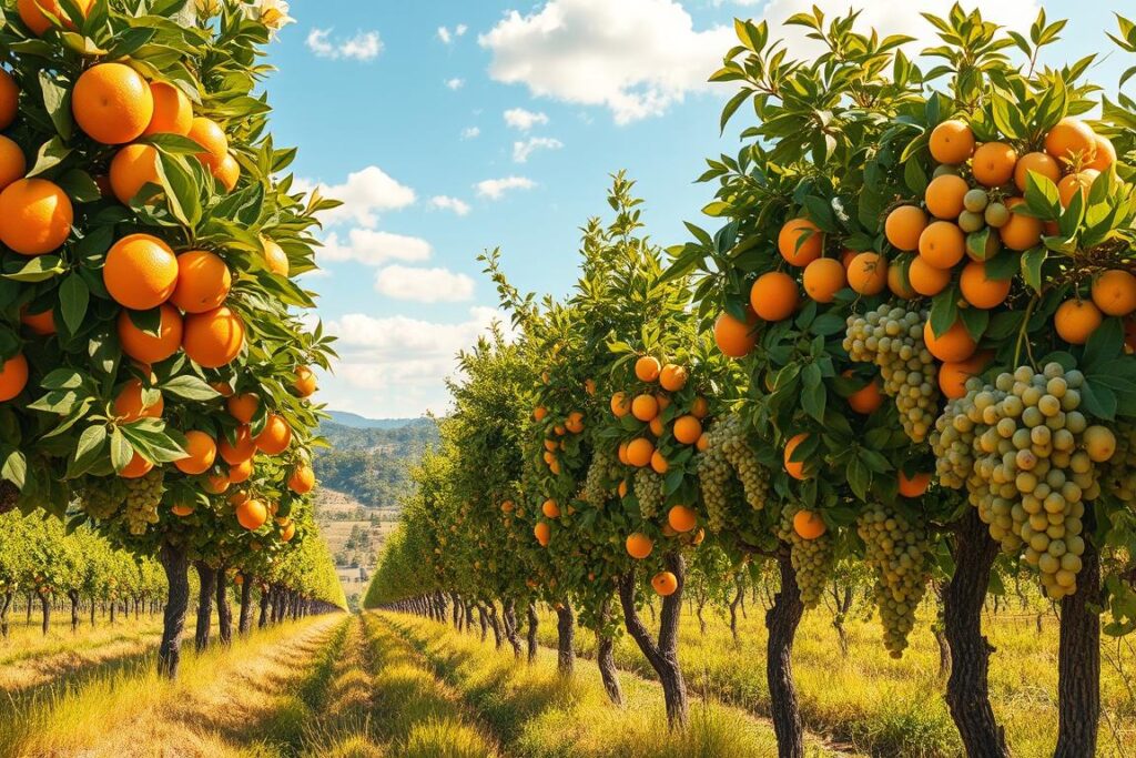 A detailed illustration of the phenological cycle of citrus trees and grapevines, capturing the various growth stages in a vibrant agricultural landscape. In the foreground, richly textured citrus trees bearing bright oranges and lush green leaves, alongside healthy grapevines with clusters of ripe grapes. The middle ground features a mix of blooming flowers and developing fruit, symbolizing different growth phases. The background showcases a sunny sky with soft, scattered clouds, enhancing the tranquil rural atmosphere. Natural sunlight casts warm, golden tones across the scene, enriching the colors of the foliage and fruit. The perspective is slightly elevated, allowing a comprehensive view of the growth stages while maintaining a sense of depth and harmony in the agricultural setting.