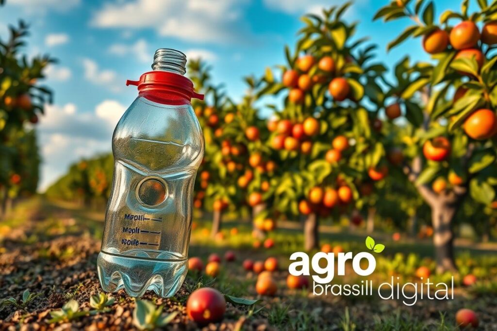A detailed image of a McPhail trap adapted with a PET bottle, placed in a vibrant fruit orchard. In the foreground, showcase the trap made from the bottle, with a clear view of its design, showcasing the entrance that attracts fruit flies. In the middle ground, include lush fruit trees, laden with ripe fruits, with some falling to the ground to emphasize the target pests. The background should feature a sunny blue sky with gentle clouds, casting warm, natural lighting that highlights the trap and orchard environment. The atmosphere should be hopeful, reflecting effective pest control methods. Logo of 