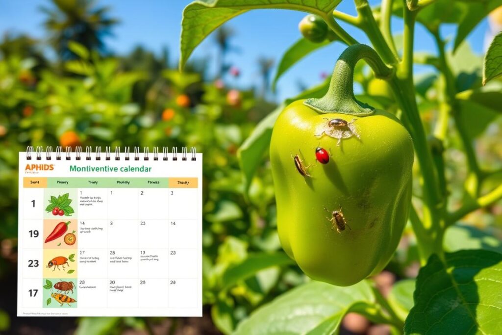 A detailed monitoring calendar for aphids on a vibrant green pepper plant, designed for preventive control. In the foreground, a colorful, illustrated calendar featuring different monitoring phases, with images of healthy pepper plants and aphids in various stages. The middle layer displays a close-up of a pepper leaf infested with aphids, along with small icons of beneficial insects like ladybugs. In the background, a lush garden scene, emphasizing a sunny day with clear blue skies and greenery, conveying a sense of thriving biodiversity. The lighting should be bright and natural, adding a warm and inviting atmosphere. The angle focuses on showcasing the calendar while maintaining attention on the pepper plant, creating an educational and visually appealing composition.
