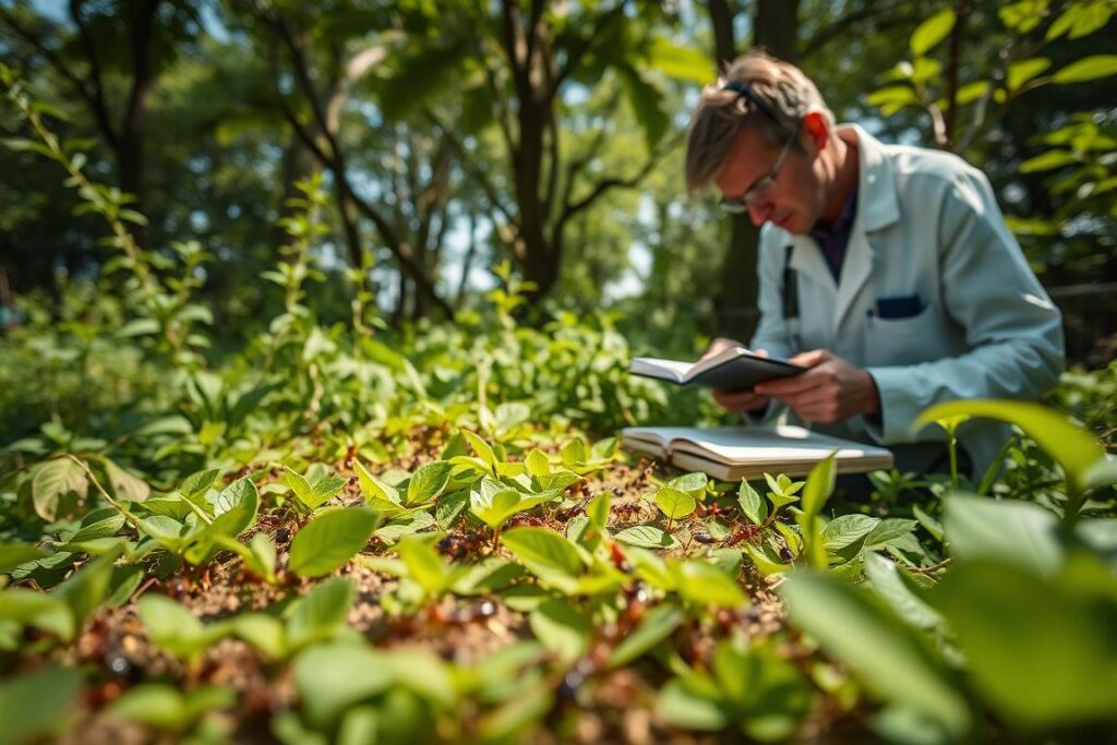 A detailed scene capturing continuous monitoring of leafcutter ants in a lush, green environment. In the foreground, a researcher in a professional outfit is observing a leafcutter ant trail with a magnifying glass, documenting their activities in a notebook. The middle ground features a vibrant colony of leafcutter ants transporting bright green leaf pieces, showcasing their intricate behavior. In the background, healthy vegetation and scattered sunlight filtering through trees create a serene yet dynamic atmosphere. The lighting is soft and natural, highlighting the ants' activity. The camera angle is slightly low, providing an immersive perspective of the ant highway while emphasizing the importance of preventive monitoring in managing ant populations.
