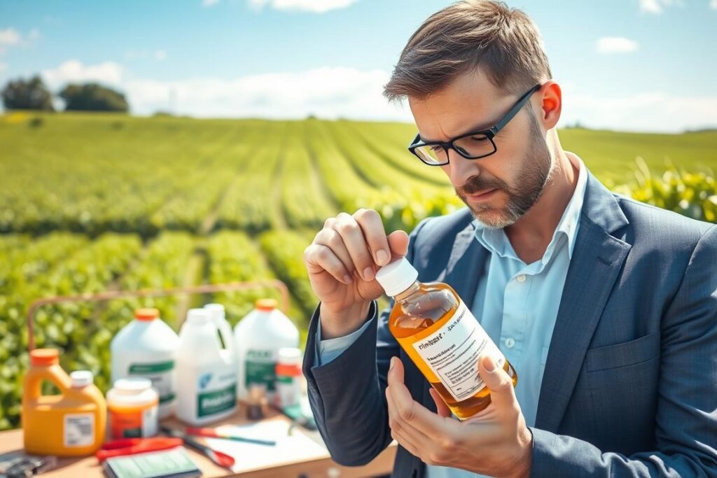 A detailed scene illustrating the process of checking the batch and validity information on agricultural pesticides. In the foreground, an agricultural technician in a professional business outfit, holding a pesticide bottle with clear labeling, examines the label closely under bright, natural lighting. The technician's focused expression conveys attention to detail. In the middle of the image, a well-organized workstation with various pesticide containers and tools shows a harmonious arrangement of information. The background features lush green fields, suggesting the agricultural context, with a blue sky enhancing the atmosphere of productivity. The overall mood is professional and diligent, highlighting the importance of verifying product details for effective farming practices.