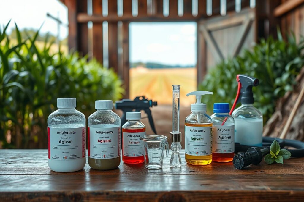 A detailed scene showcasing agricultural adjuvants and adhesive spreaders on a wooden table. In the foreground, several bottles of colorful adjuvants with clear labels are elegantly arranged, with droplets on the surfaces reflecting light. In the middle ground, an array of measuring tools and a spray nozzle hint at their practical application. Surrounding this setup, a rustic farm environment provides a natural atmosphere, with green crops and a blue sky visible through an open barn door in the background. Soft, warm lighting enhances the scene, suggesting a productive day in agriculture. The focus is sharp on the adjuvants, inviting the viewer to appreciate their significance in smart spraying strategies.