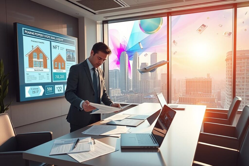 A digital depiction of a modern office environment showcasing a professional preparing real estate for NFT-based credit. In the foreground, a businessperson in formal attire analyzes property documents and digital screens displaying detailed property data and NFT minting processes. The middle ground features sleek furniture, a large table with laptops, and a large window revealing a city skyline bathed in natural sunlight. The background shows abstract digital art representing the concept of NFTs, with vivid colors and floating icons of properties. The lighting is bright and invigorating, creating a productive atmosphere, with a slight lens flare capturing the essence of innovation. The overall mood is focused and forward-thinking, emphasizing a blend of traditional real estate and cutting-edge digital finance.