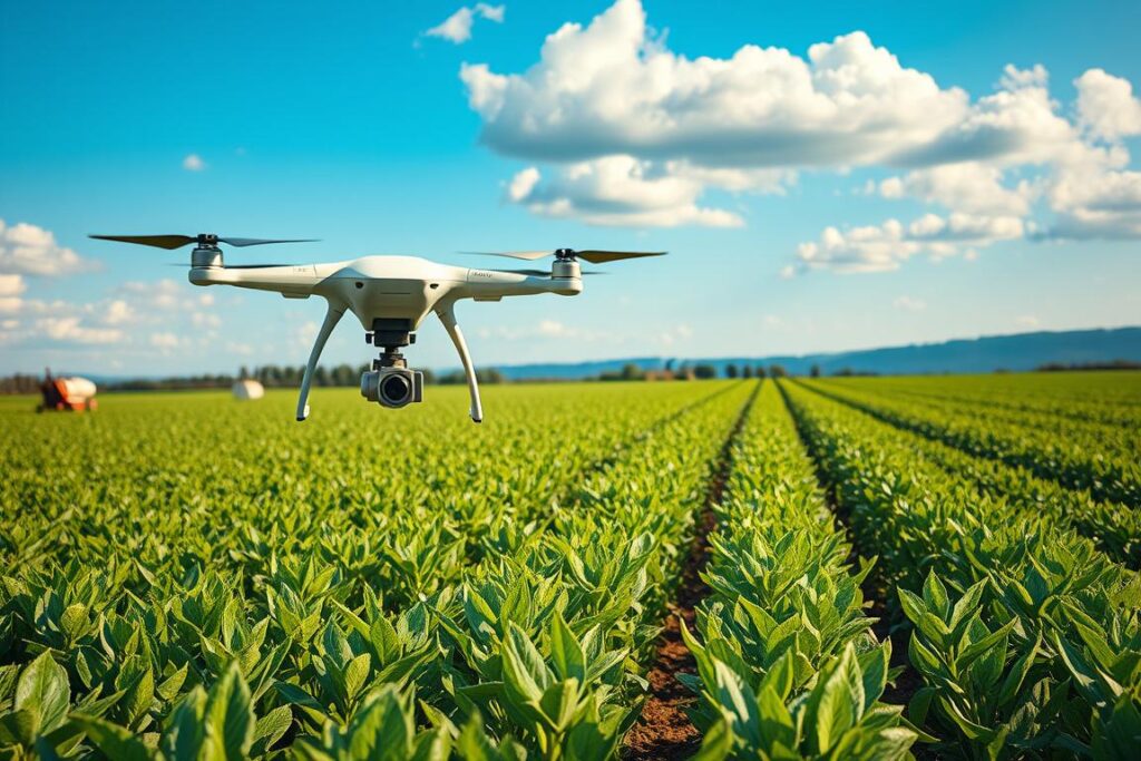 A futuristic agricultural landscape showcasing the integration of AI with drones and field sensors. In the foreground, a sleek drone equipped with advanced sensors is capturing data over a vibrant green field, surrounded by modern farming equipment. In the middle ground, various sensors are positioned throughout the field, collecting real-time information on soil quality and crop health. The background features a clear blue sky with fluffy clouds, and rows of crops extending into the horizon. The scene is illuminated by warm afternoon sunlight, casting soft shadows and highlighting the technology's innovation. The atmosphere conveys a sense of progress and efficiency in agriculture, emphasizing the harmony between technology and nature.