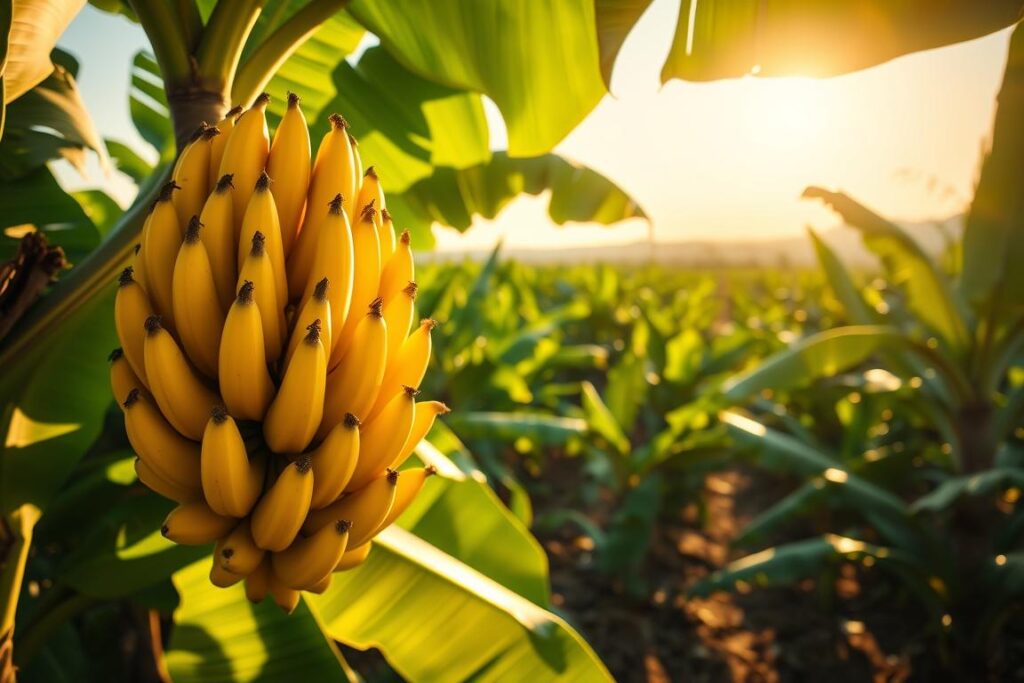 A lush banana plantation bathed in soft, dappled sunlight, showcasing the intricate interplay of light and shadow on the banana leaves. In the foreground, a close-up of a banana cluster, ripe and vibrant yellow, highlights the improved fruit quality due to effective light management through pruning. The middle ground features well-maintained banana plants, with a focus on selective pruning techniques creating open spaces that allow for enhanced sunlight penetration. In the background, the plantation extends into a scenic horizon, where the sun gently casts a warm glow over the landscape, evoking a sense of tranquility and productivity. The composition captures the essence of efficient light management for optimal banana cultivation, with clear skies and a serene atmosphere enhancing the overall mood.