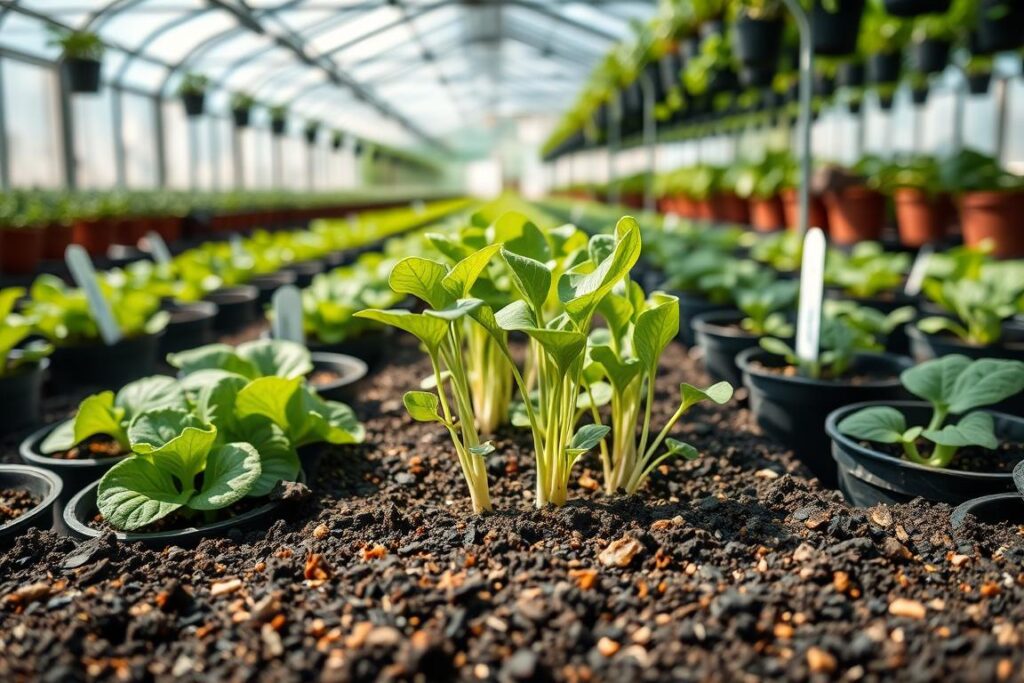 A lush, vibrant greenhouse filled with neatly arranged pots of seedlings, showcasing various leafy greens like lettuce and spinach. The foreground features a close-up of a rich, dark, well-aerated substrate with visible organic matter, demonstrating an ideal growing medium. In the middle ground, healthy seedlings display strong, upright stems with no signs of wilting or falling over, surrounded by tags indicating their types. The background is softly blurred, revealing rows of pots and sunlight streaming through glass panels, casting gentle shadows on the rich substrate. The overall mood is one of growth and vitality, emphasizing the importance of the right substrate for preventing seedling collapse. Natural light enhances the colors, creating an inviting and educational atmosphere.