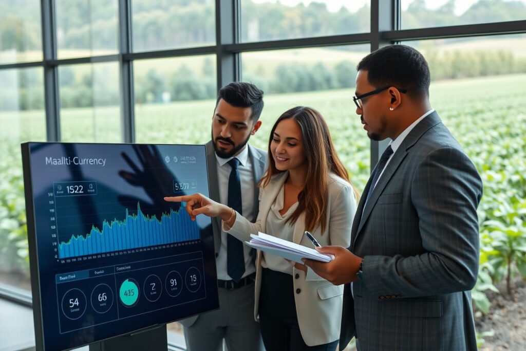 A modern agricultural office setting featuring a diverse team of three professionals wearing business attire, discussing a digital display of multi-currency management. In the foreground, a large touchscreen interface shows graphs and statistics for Brazilian Real and stablecoins, symbolizing efficient financial management. The middle of the composition captures the team engaged in a detailed conversation, with one person pointing at the screen while others take notes. In the background, large windows reveal a lush green farm landscape to evoke a sense of growth and prosperity. Soft, natural lighting filters through the windows, enhancing the productive and optimistic atmosphere. The overall mood is focused and collaborative, reflecting a commitment to innovative financial strategies.