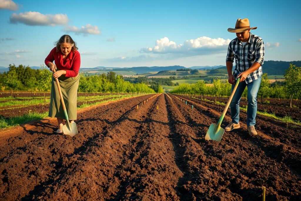 A picturesque scene depicting soil preparation for a mixed orchard. In the foreground, a diverse team of two farmers—one middle-aged woman in modest, practical clothing and one young man in a sun hat—are using shovels on rich, dark soil, creating neat rows for planting. The middle ground features freshly tilled earth, interspersed with colorful markers indicating where various fruit trees will be planted. In the background, a lush landscape with distant hills, blue skies, and a few fluffy clouds enhances the rural atmosphere. Soft, natural lighting casts gentle shadows, while a slight golden hour glow adds warmth to the scene, evoking a sense of optimism and productivity. The image captures the essence of agricultural preparation, focusing on teamwork and the promise of fruitful endeavors.