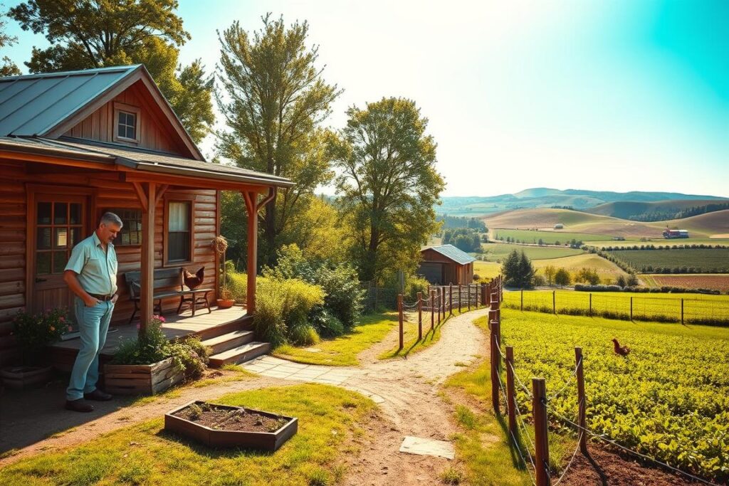 A picturesque small rural property nestled in a lush green landscape, showcasing a cozy farmhouse with a charming wooden porch surrounded by vibrant flower beds. In the foreground, a farmer in modest casual clothing is inspecting a small vegetable garden, symbolizing sustainable farming practices. The middle ground features fields of crops, with a wooden fence dividing sections, while a few farm animals like chickens roam freely. In the background, rolling hills stretch under a bright blue sky, with soft, warm sunlight illuminating the scene, creating an inviting, peaceful atmosphere. The image should capture the essence of rural life and its connection to responsible land management, highlighting the importance of small-scale agriculture in mitigating tax burdens.