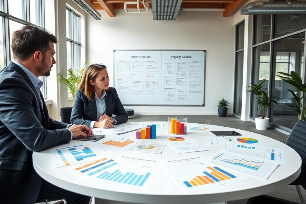 A professional open office space dedicated to discussing property division, featuring a large round table with financial charts and colorful graphs spread across it. In the foreground, two business professionals, a man and a woman, are engaged in a thoughtful discussion, dressed in smart casual attire, indicating a collaborative atmosphere. The middle ground illustrates a whiteboard filled with notes and diagrams categorizing different areas of quick, medium, and long-term investments. The background showcases large windows allowing daylight to flood the room, creating a bright, positive ambiance. The overall mood is focused and productive, emphasizing teamwork and strategic planning. The scene is framed from a slightly elevated angle, providing a comprehensive view of the setup.