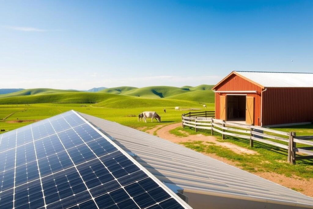 A rural landscape featuring a solar-powered barn and corral, surrounded by lush green fields and blue skies. In the foreground, a modern solar panel system is installed on the barn roof, showcasing its sleek design. The barn is painted in warm, earthy tones, and the corral has a rustic wooden fence. In the middle ground, a few cows are grazing peacefully, demonstrating the synergy between agriculture and renewable energy. The background reveals rolling hills under bright sunshine, creating an optimistic atmosphere. Soft, diffused sunlight casts gentle shadows, enhancing the serenity of the scene. The image should reflect a harmonious blend of nature and technology, emphasizing the benefits of solar energy in rural farming.