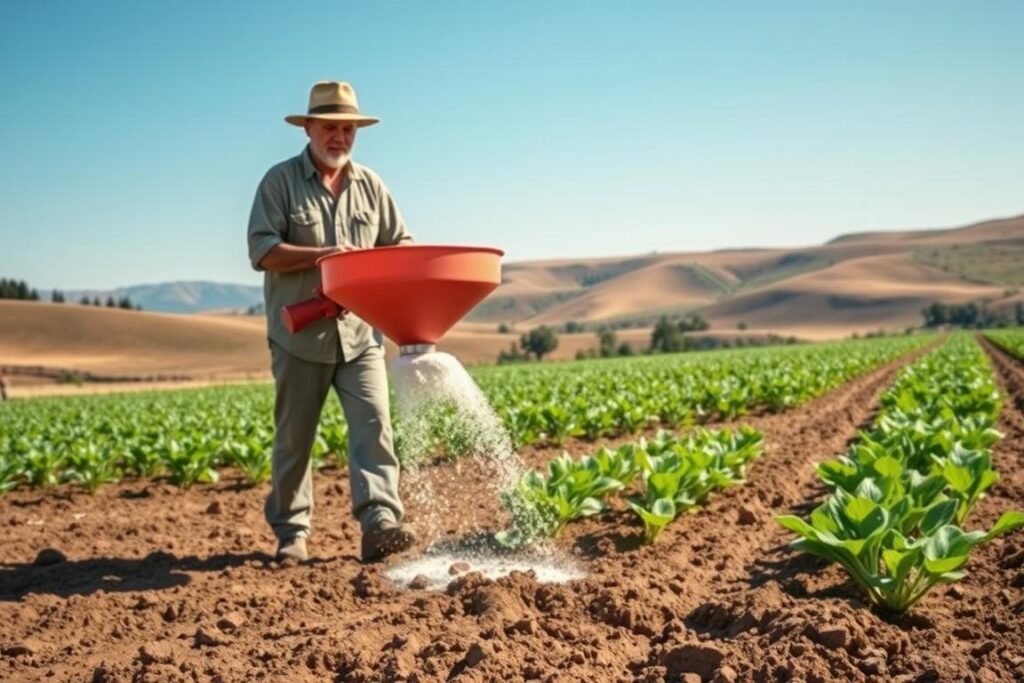 A serene agricultural landscape showcasing a small farming site dedicated to soil health. In the foreground, a farmer in modest casual clothing is preparing to spread lime on fertile soil, using a traditional hand-held spreader. In the middle ground, bright green crops are visible, illustrating the benefits of proper soil treatment with clear, healthy plants. The background features rolling hills and a clear blue sky, complete with soft, warm sunlight illuminating the scene, casting gentle shadows. Add a subtle hint of rustic farm tools to enhance the agricultural theme. The overall mood should be optimistic and proactive, emphasizing the importance of calagem for a healthy soil ecosystem. Capture this scene from a slightly elevated angle to provide depth and context.