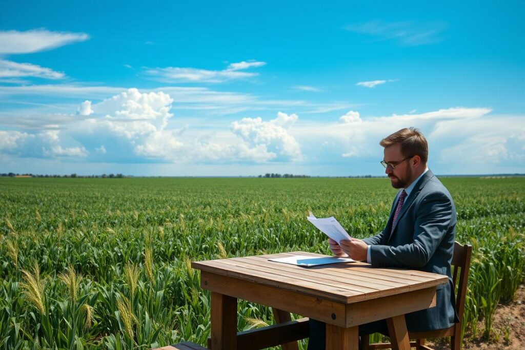 A serene agricultural landscape showcasing a vast field under a bright blue sky. In the foreground, a professional-looking farmer in business attire examines financial documents while seated at a rustic wooden table. The middle ground features lush crops swaying gently in the breeze, symbolizing growth and resilience. In the background, there are overcast clouds hinting at changing weather, representing uncertainty. Soft natural lighting illuminates the scene, casting gentle shadows to enhance depth. The overall mood is hopeful yet focused, capturing the essence of financial planning in agriculture. No text or logos are present, allowing the visual elements to speak for themselves.