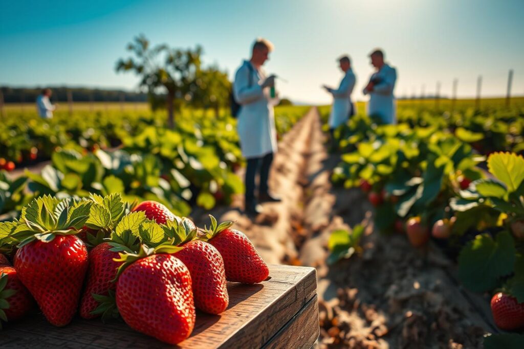 A serene agricultural scene showcasing commercial biological treatments for mold on strawberries. In the foreground, several vibrant red strawberries are lush and healthy, displayed on a wooden crate. In the middle ground, a team of professionals in lab coats and gloves is applying a biological treatment, with spray bottles labeled “Eco-Friendly Solution.” They are working attentively, ensuring the strawberries remain untouched by chemical pesticides. The background features a sunny field with rows of strawberry plants under a bright blue sky, casting soft shadows. The lighting is warm and inviting, emphasizing the freshness of the produce. The overall atmosphere is one of innovation and care for sustainable farming practices.