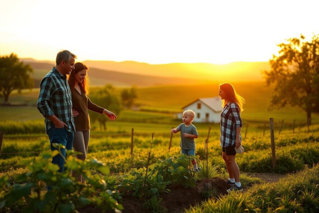 A serene family scene showcasing a small agricultural property at sunset. In the foreground, a diverse group of three family members—two adults and one child—are engaged in a friendly discussion, all wearing modest casual clothing, depicting cooperation and harmony. The adults are pointing towards a small, thriving vegetable garden that represents family legacy. In the middle ground, a quaint farmhouse and lush fields stretch out, symbolizing stability and growth. The background features rolling hills under a golden sky, creating a warm and inviting atmosphere. Soft, golden lighting envelops the scene, suggesting optimism and trust, while a gentle breeze rustles the leaves of nearby trees, enhancing the peacefulness of the moment.