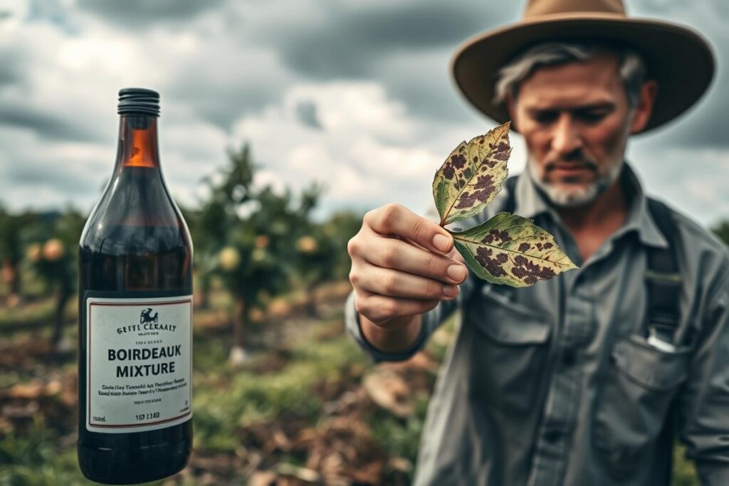 A serene farm setting showcasing the limitations of Bordeaux mixture in small orchards. In the foreground, a close-up view of a farmer in modest casual clothing, inspecting a sick plant leaf exhibiting signs of fungal infection, juxtaposed against a bottle of Bordeaux mixture. The middle ground features a small orchard with various trees, partly healthy and partly affected by fungus, highlighting the uneven efficacy of the treatment. The background reveals a cloudy sky emphasizing a moody atmosphere, symbolizing uncertainty. Soft diffused lighting casts gentle shadows, creating a calm yet serious tone. The image should capture the essence of care and caution in agricultural practices, with a focus on the balance between treatment and its effects.