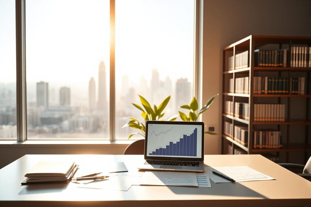A serene office setting with a sleek, modern desk in the foreground, adorned with a variety of financial documents and a laptop displaying upward trending graphs. In the middle ground, a large window reveals a panoramic city skyline under a bright, clear sky, symbolizing growth and opportunity. An indoor plant adds a touch of greenery, promoting a sense of calm and focus. The lighting is warm and inviting, casting soft shadows that enhance the professional atmosphere. In the background, shelves filled with books on finance and investment strategies emphasize knowledge and long-term planning. The overall mood is optimistic and focused, capturing the essence of building solid wealth through long-term investments.