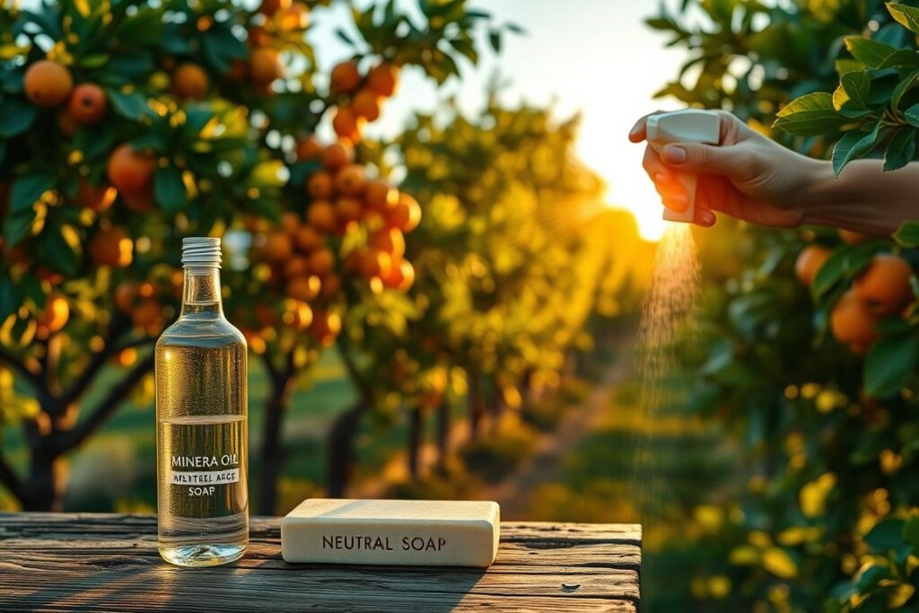 A serene orchard setting during the golden hour, showcasing healthy fruit trees laden with vibrant fruits. In the foreground, a bottle of mineral oil and a bar of neutral soap sit on a wooden table, symbolizing natural pest control methods. A soft breeze rustles the leaves, adding a sense of tranquility. In the middle ground, a close-up of a farmer's hand gently spraying a mixture of mineral oil and soap onto the leaves of a fruit tree, emphasizing sustainable practices. The background features sun-drenched greenery, with hints of ripe fruits peeking through lush foliage. The lighting is warm and inviting, casting soft shadows, while the overall atmosphere conveys a sense of harmony between nature and effective pest management strategies.
