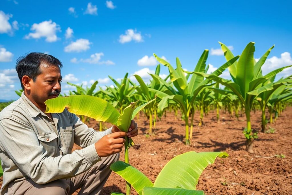 A serene tropical garden scene showcasing a skilled agricultural worker in modest casual clothing, demonstrating the technique of 