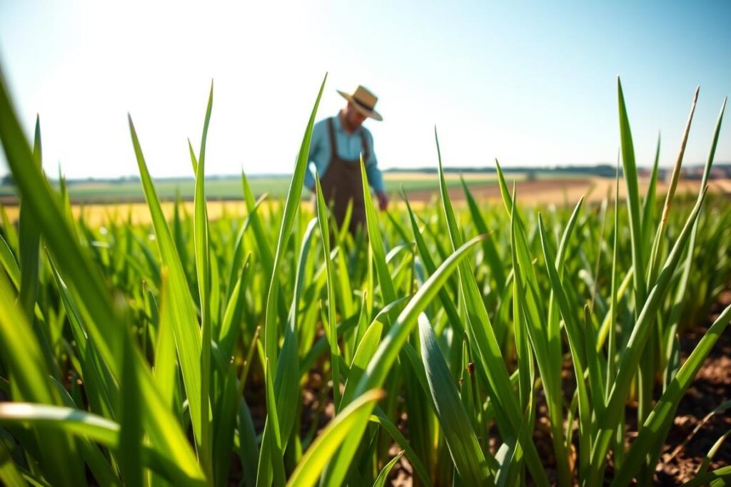 A serene, well-maintained garlic garden under bright, natural sunlight. In the foreground, vibrant green garlic plants flourish, with a few subtle signs of pest activity highlighting the challenge with thrips. A close-up view of beneficial insects, like ladybugs and lacewings, is depicted engaging with the plants, showcasing natural pest control methods. In the middle ground, a gardener, dressed in professional work attire, gently inspects the plants, demonstrating a hands-on approach to managing the garden naturally. The background features a clear blue sky and distant farm fields, adding depth to the peaceful rural setting. Soft, warm lighting enhances the serene atmosphere, reflecting the successful balance of nature in pest management.