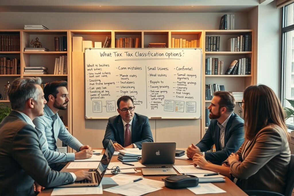 A thoughtful and informative office scene depicting a group of small business owners engaged in a discussion about tax classification options. In the foreground, a diverse set of individuals, dressed in professional business attire, is gathered around a table covered with financial documents, charts, and a laptop displaying tax scenarios. In the middle, a whiteboard is filled with handwritten notes illustrating common mistakes in choosing tax frameworks, with arrows indicating the flow of decision-making. The background shows shelves filled with books on finance and tax laws, with soft, warm lighting illuminating the space, creating an inviting atmosphere for constructive dialogue. The angle is slightly elevated, providing a comprehensive view of the interaction without any text or distractions.