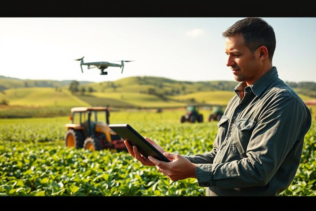 A vibrant agricultural landscape showcasing advanced technology in Brazilian farming. In the foreground, a farmer in modest casual clothing uses a tablet to monitor crop health, surrounded by flourishing fields of green plants. In the middle ground, various modern farming equipment, like drones and smart irrigation systems, work alongside traditional tractors. The background features rolling hills dotted with sustainably grown crops under a bright, clear sky. Soft, natural lighting enhances the colors, giving a sense of optimism and innovation. The overall mood is of progress and opportunity, highlighting the integration of technology in agriculture to foster growth in niche markets.