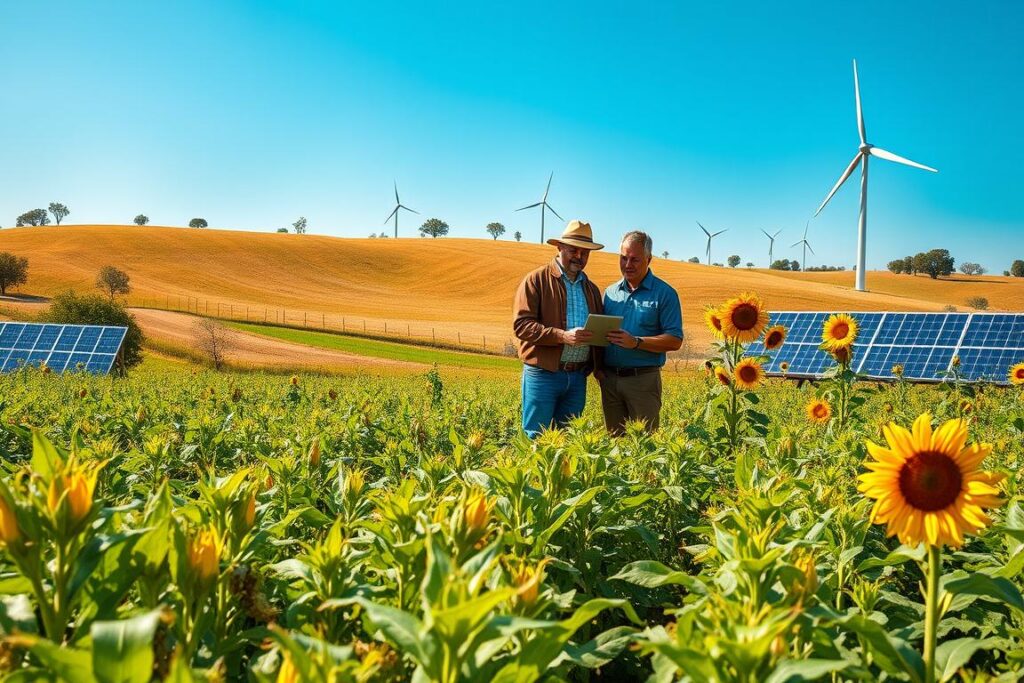 A vibrant agricultural landscape showcasing sustainable farming practices. In the foreground, a diverse array of crops such as corn, beans, and sunflowers thrive under bright sunlight. Farmers in professional attire, engaged in discussion around a tablet, represent modern management tools. In the middle ground, a solar panel array and wind turbine hint at renewable energy use for irrigation. The background features rolling hills, dotted with resilient trees and a clear blue sky. Soft, warm lighting accentuates the tranquility and productivity of the scene. The atmosphere conveys hopefulness and innovation in agriculture, emphasizing the integration of technology and financial management for resilience against environmental challenges.