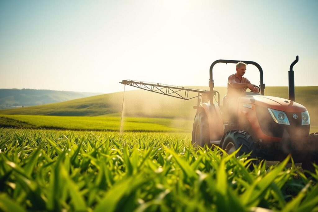 A vibrant agricultural landscape showing a farmer in a modest outfit using a sprayer attached to a modern tractor. The foreground features a lush green field with crops gently swaying in the wind, highlighting the movement created by the breeze. In the middle ground, the farmer concentrates on the targeted application of the spray, surrounded by clouds of mist being blown away, illustrating the significance of precision in pest control. In the background, distant green hills under a bright blue sky add depth to the scene. The lighting is warm and inviting, simulating the golden hour, casting soft shadows and creating an atmosphere of tranquility and purpose. The composition captures the essence of smart agricultural practices, emphasizing the importance of efficiency and care in spraying operations.