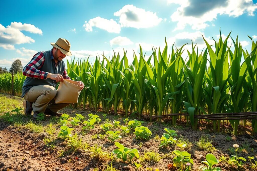 A vibrant agricultural scene showcasing efficient fertilization techniques for green corn cultivation on a small plot of land. In the foreground, a farmer in professional attire is kneeling, carefully applying organic cover crop fertilizer around healthy, lush green corn plants that stand tall. The middle ground features rows of corn with well-defined leaves basking in soft, warm sunlight, creating a sense of growth and vitality. Surrounding the field, a rustic fence and a few wildflowers enhance the natural atmosphere. In the background, a bright blue sky dotted with fluffy white clouds provides an uplifting ambiance. The lighting is natural, with emphasis on the rich greens of the corn and the warm earth tones of the fertilizer, creating a harmonious and productive farming environment.